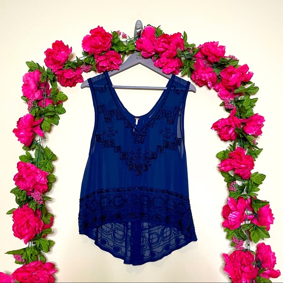 Free People Run With It Beaded Navy Tank Top - Picture 2 of 10